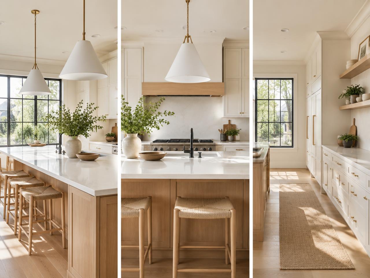 Calm, spotless kitchen with oak cabinets